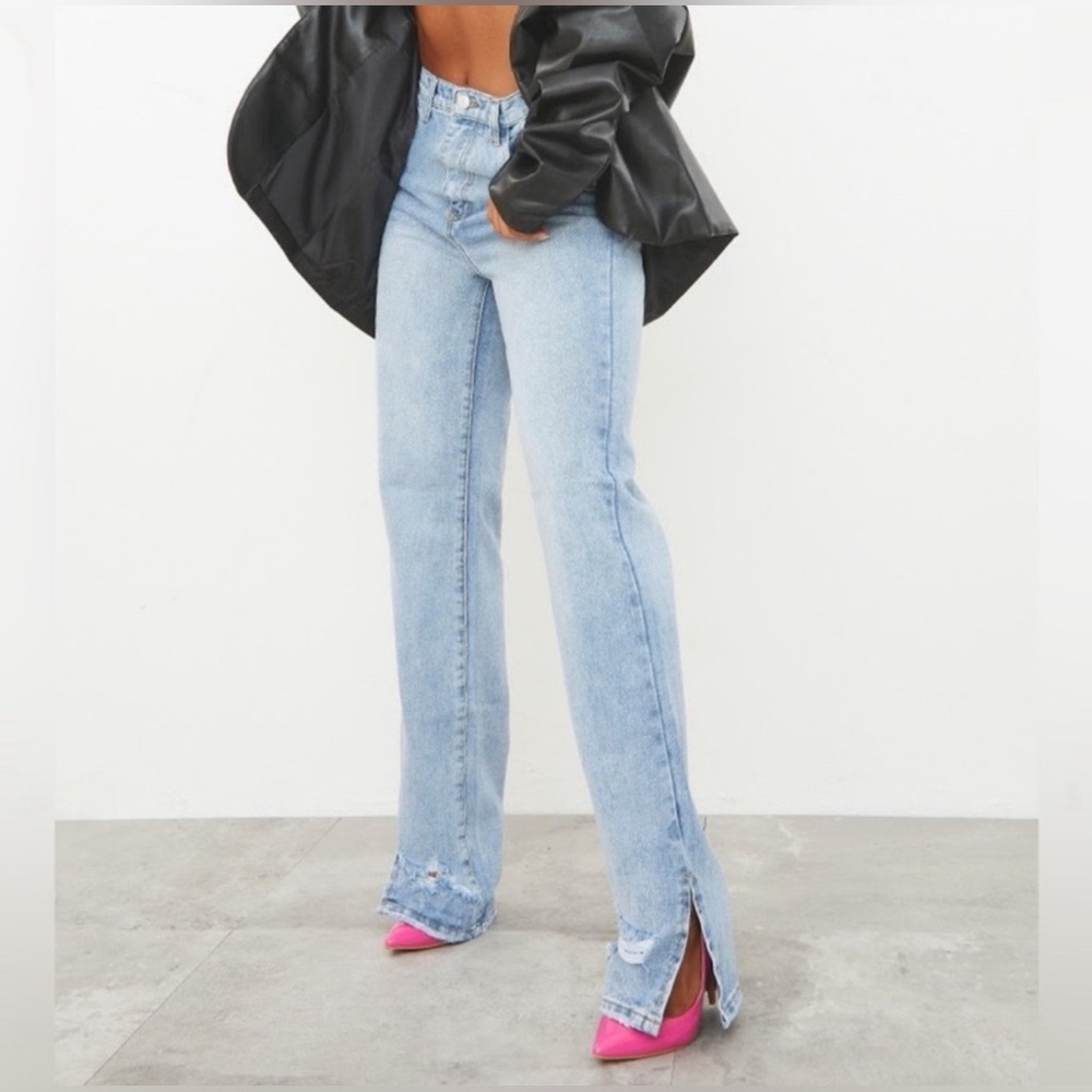 PrettyLittleThing Light Blue Wash Ripped Split Hem Jeans
